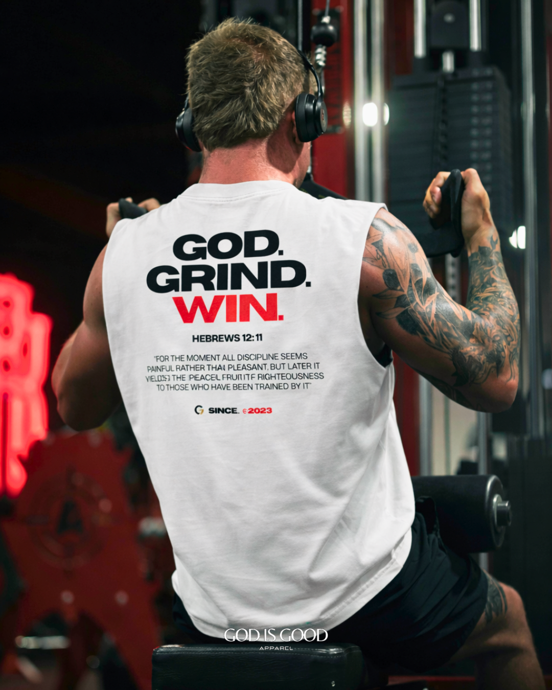 Oversized Muscle Shirt - God. Grind. Win. (White)