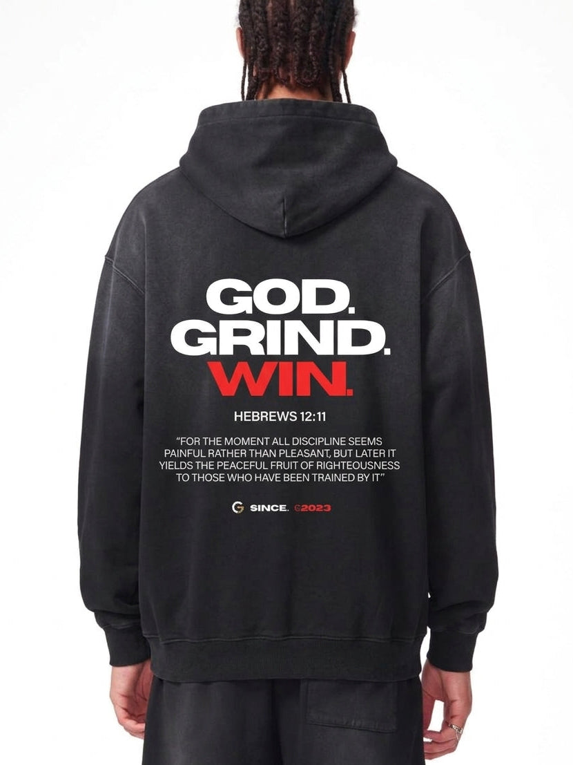 Oversized Sunfade Hoodie - God. Grind. Win. (Black)