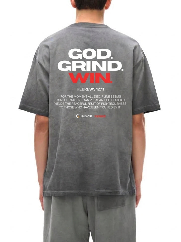 Oversized Reverse Dyed Tee - God. Grind. Win. (Dark Grey)
