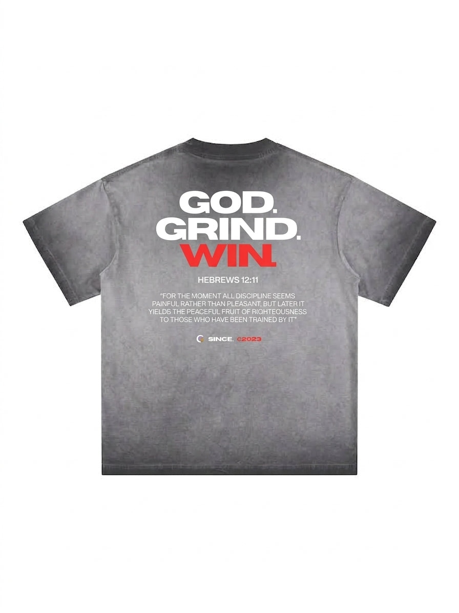 Oversized Reverse Dyed Tee - God. Grind. Win. (Dark Grey)
