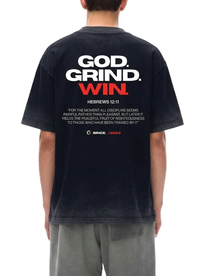 Oversized Reverse Dyed Tee - God. Grind. Win. (Black)