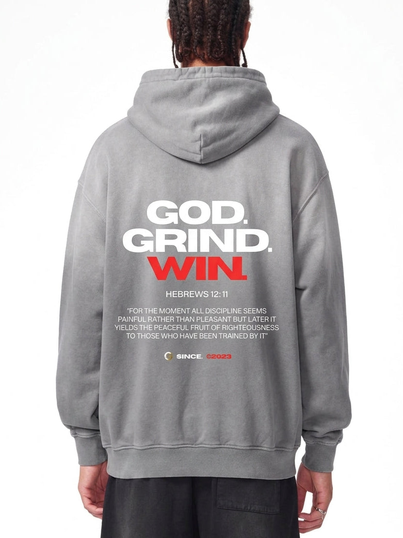 Oversized Sunfade Hoodie - God. Grind. Win. (Grey)